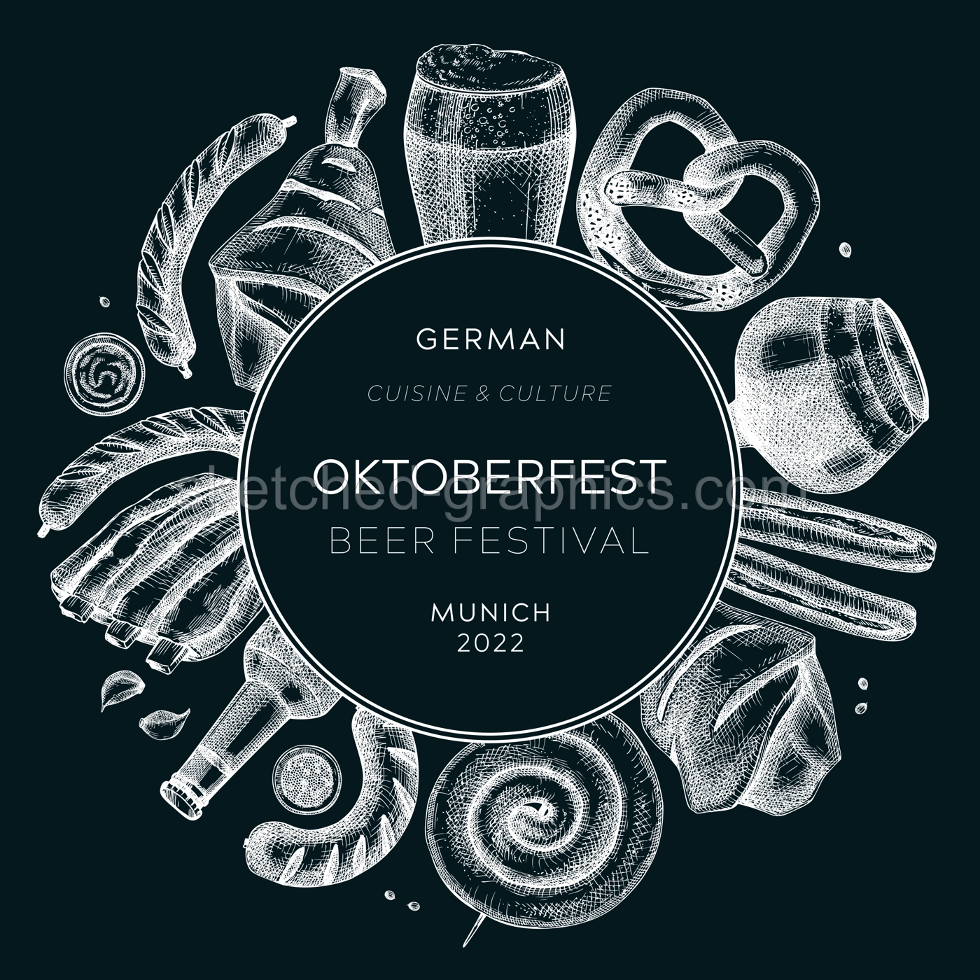 Oktoberfest background. German food and drinks menu design on chalkboard. Meat dishes sketches. German cuisine vintage wreath. Traditional beer festival sketched illustration. Oktoberfest party frame Illustration